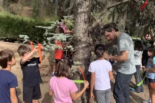 Alumnes de primària en una sessió d'escola bosc de Claver Natura