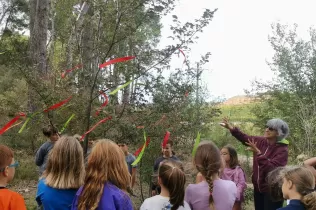 Alumnes de primària en una sessió d'escola bosc de Claver Natura